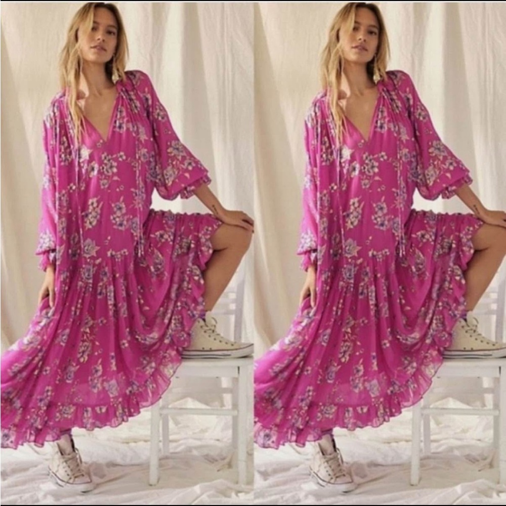Free People Feeling Groovy Floral Maxi Foil Dress Bright Pink - Picture 2 of 3